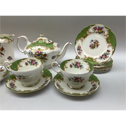 Paragon Rockingham pattern tea set, comprising teapot, coffee pot, four teacups and four saucers, six side plates, six dessert plates, cake plate, two open sucriers, and jug. 