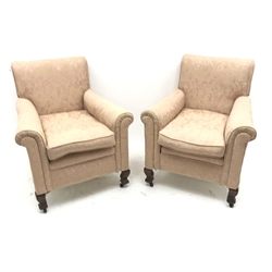 Pair early 20th century armchairs, scrolling arms, cabriole legs, upholstered in a light pink fabric, W80cm