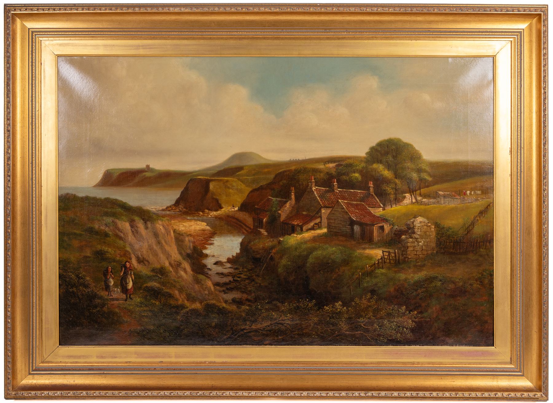 English School (19th Century): Scalby Mills and Monkey Island looking to Scarborough North Bay, oil on canvas indistinctly signed 60cm x 90cm 