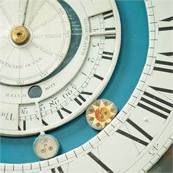 Thomas Emberson of Long Sutton (Lincolnshire) - Early 19th century longcase clock c1810 with a 30hr movement and an exceptionally rare 24-hour painted dial, housed in an ebonised Pine case with a flat pediment and break arch hood door, glazed side panels and turned pilasters with brass Corinthian capitals, trunk with a long door and conforming break arched top raised on a stepped plinth, fully painted dial with painted spandrels representing the four seasons and an operating automata depiction of ships at sea, rising and falling with the time of high and low water to the arch, with a 24-hour chapter with Roman numerals, five minute Arabic's, minute and inner quarter hour tracks, steel radial minute hand and image of the sun recording the hours, secondary inner dial illustrating the phases of the moon and lunar calendar recording the date and times of high and low water at Fosdike Wash (Lincolnshire), with an adjustable circular disc to the centre giving the times of high water at seven other locations including the Northern Pacific Ocean, dial attached to a countwheel striking chain driven movement, sounding the hours on a bell. With weight and pendulum.
Thomas Emberson is recorded not as a clockmaker but a machine maker from Long Sutton. This clock is also thought to have originally contained a musical movement, now removed, and was clearly an individual project possibly based on an earlier clock by John Ferguson illustrated in 