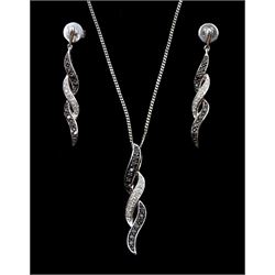 9ct white gold black and white diamond pendant necklace and matching earrings, stamped or hallmarked