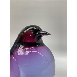 Livio Seguso (Italian, 1930-), Murano glass penguin paperweight in purple and blue, H12.5cm, together with another paperweight modelled as a polar bear for Graglas of Germany, c1970, both with etched marks beneath