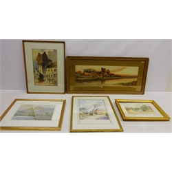  'Oxon', watercolour signed and dated 1863 by J. Richardson, Village River Landscape, 19th century watercolour signed J. Clifford, Barn, Nr. Nancledra, watercolour signed L.Rowe and two others max 17cm x 53cm (5)   