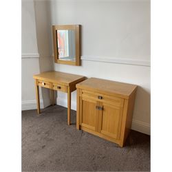 Light oak two drawer side cabinet, two drawer desk and mirror- LOT SUBJECT TO VAT ON THE HAMMER PRICE - To be collected by appointment from The Ambassador Hotel, 36-38 Esplanade, Scarborough YO11 2AY. ALL GOODS MUST BE REMOVED BY WEDNESDAY 15TH JUNE.