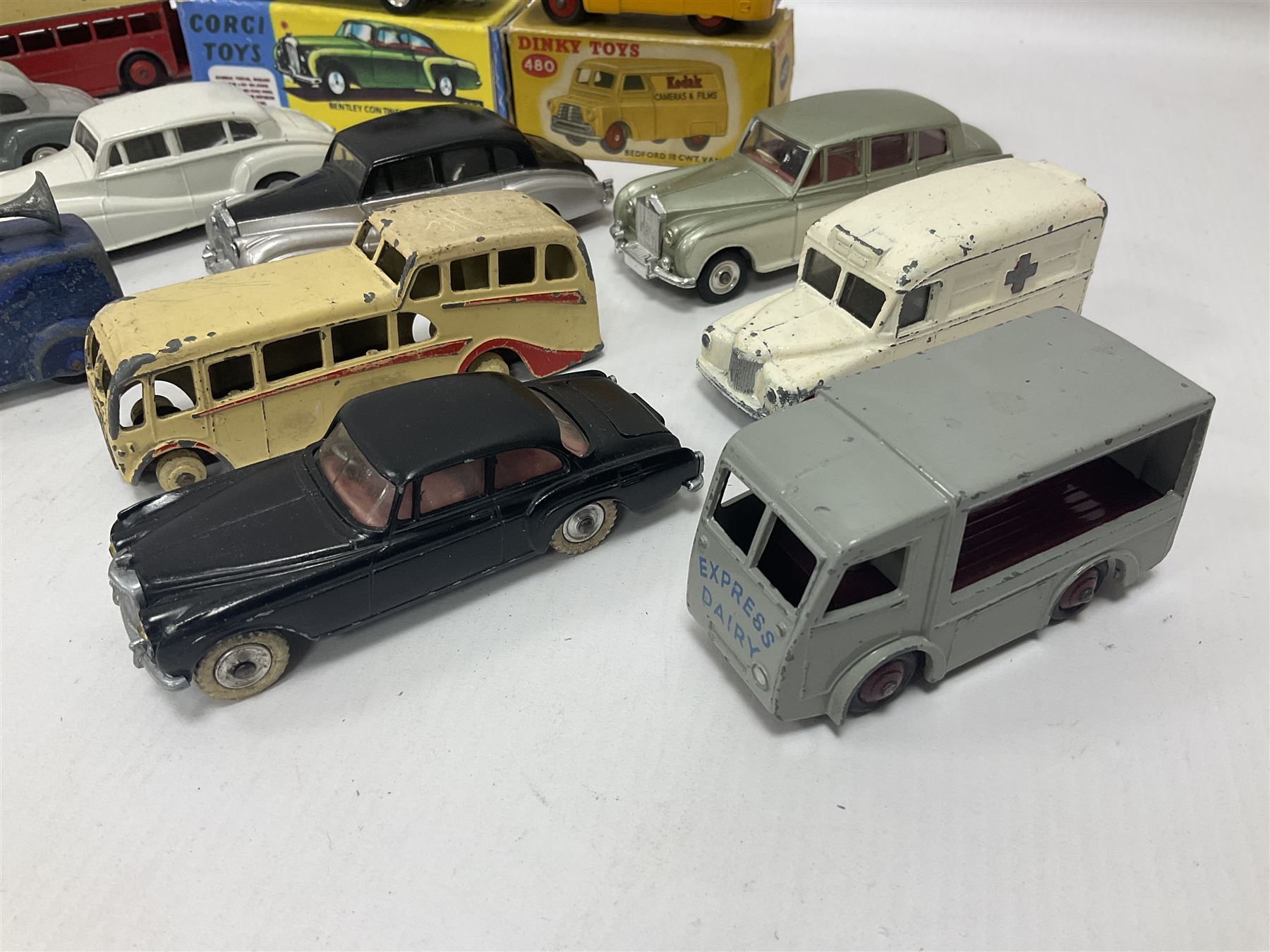 Dinky/Corgi - Dinky Bedford 10cwt Van ‘Kodak’ no.480, boxed; Corgi Bentley Continental Sports Saloon no.224 in replica box; along with further loose, playworn and repainted models to include Dinky Rolls-Royce Silver Wraith and Phantom V models etc 