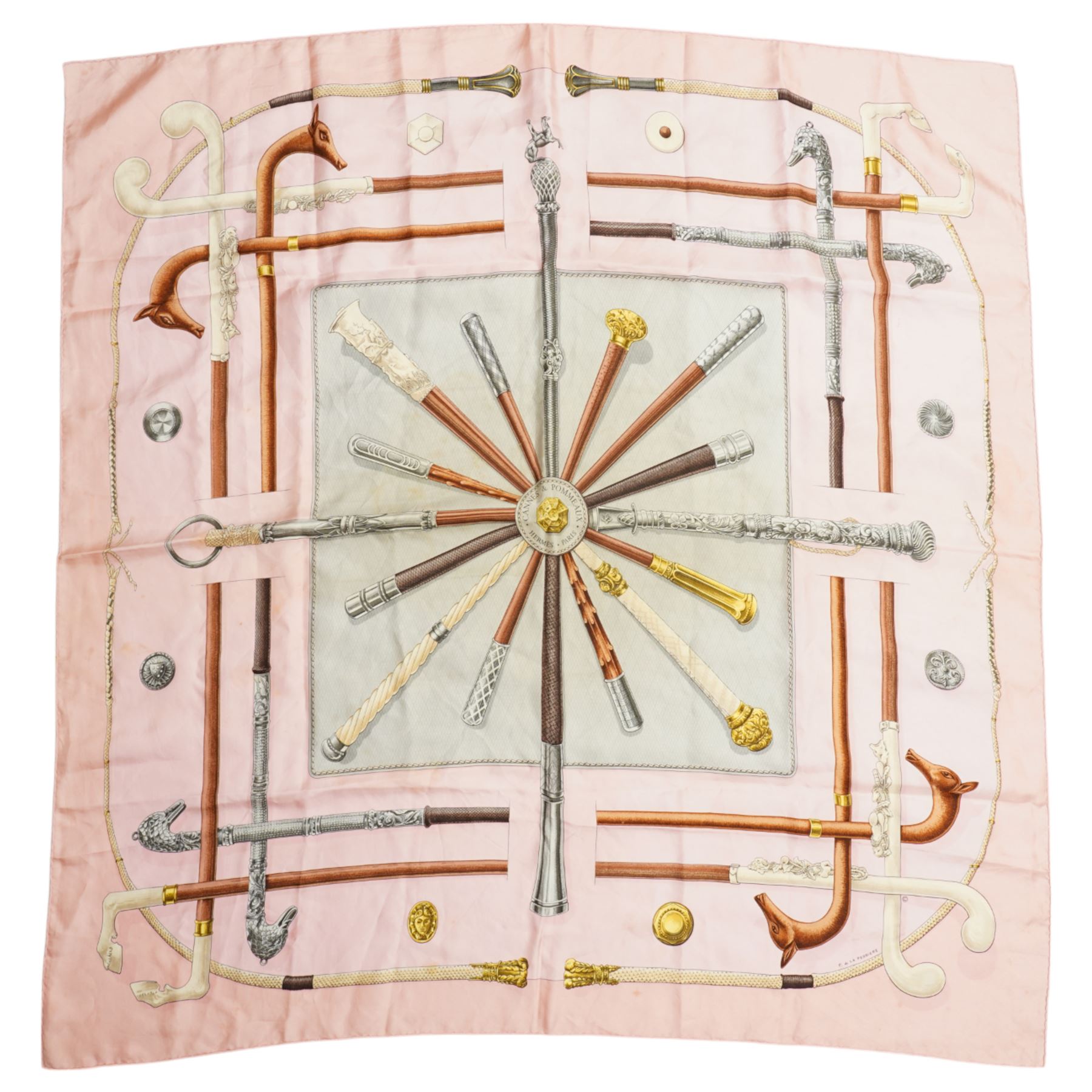 Hermes 'Cannes et Pommeaux' silk scarf in pink and grey colourway, designed by Francoise De La Perriere, 90cm x 87cm 