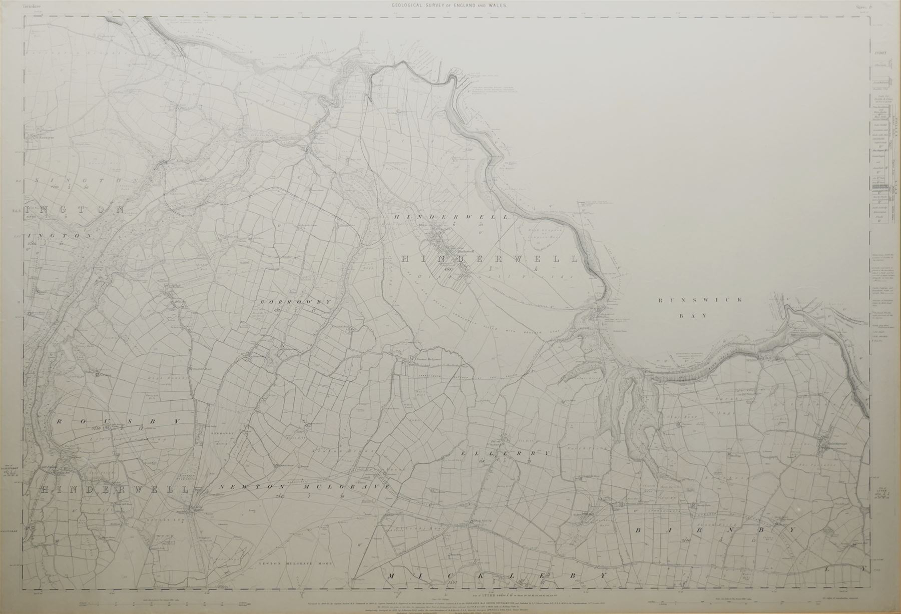 Large Victorian Ordnance Survey map of the parish of Hinderwell in North Yorkshire, including coastal plan of Runswick Bay 66cm x 95cm