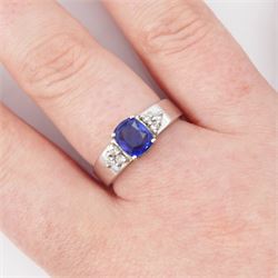 18ct white gold sapphire and diamond ring, cushion cut sapphire of approx 1.00 carat, with three round brilliant cut diamonds set either side, total diamond weight approx 0.10 carat