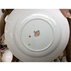 Brass middle Eastern coffee pot, part canteen cutlery, AA badge, Royal Vale teawares, other ceramics etc in two boxes