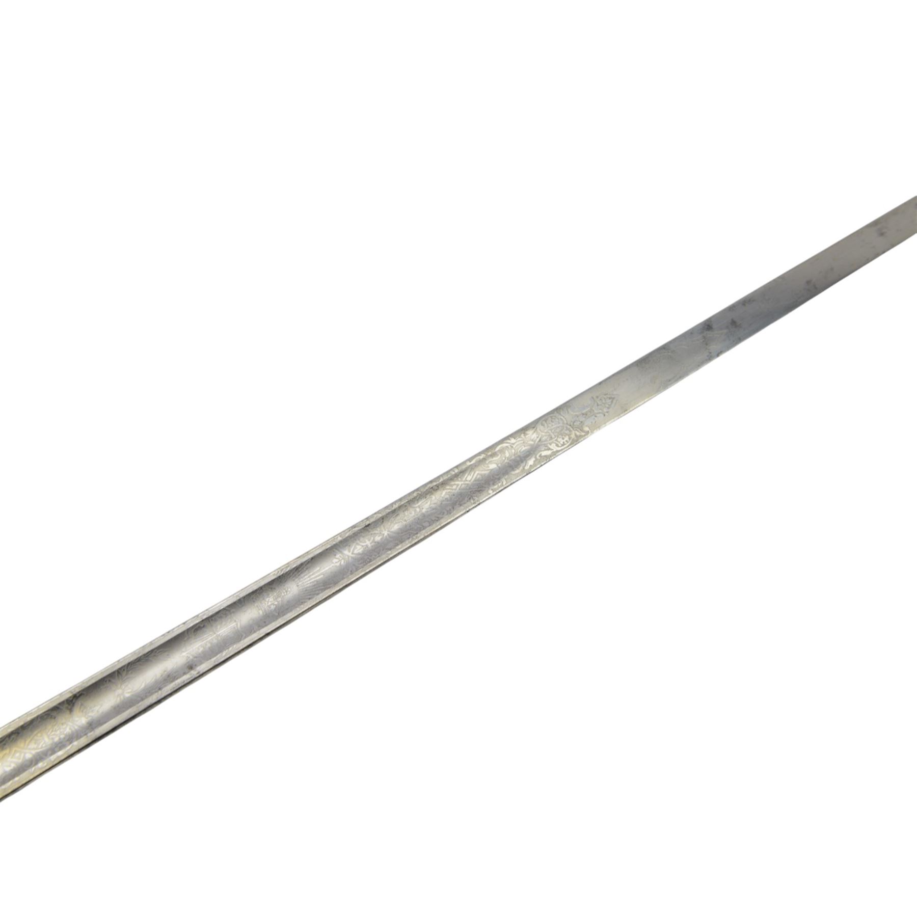George V British infantry officers sword, made by Rob Mole & Sons Birmingham, the 82cm etched blade with makers mark 'Robert Mole & Sons Makers to the The War & India Offices', with brass inset proof mark, numbered M6855 on spine, the full guard with pierced scrolling decoration and George V cypher, shagreen covered grip with silver wires, with leather sword knot attached, in steel scabbard with suspension rings, overall L100cm