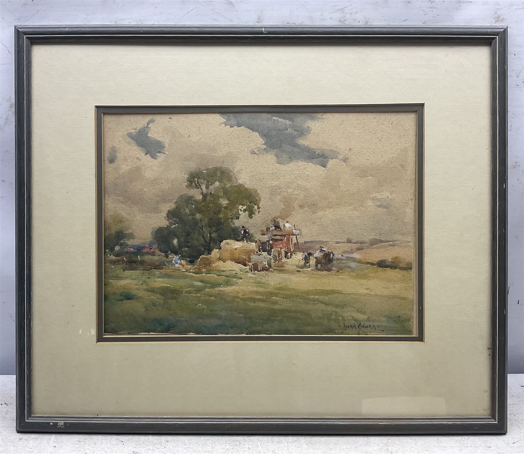 Owen Bowen (Staithes Group 1873-1967): 'Thrashing at Collingham', watercolour signed, titled verso 25cm x 35cm 