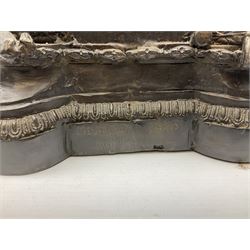 Large and impressive bronze figure of Wellington seated on a horse, on a sarcophogus shaped stepped base impressed 'Meunier Paris', the canted corners inset with battle trophies H68cm L50cm D22cm