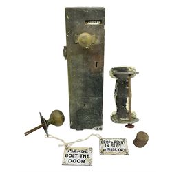 Late 19th century/early 20th century Lockerbie and Wilson public toilet coin-operated lock and two small door plaques, lock H34cm