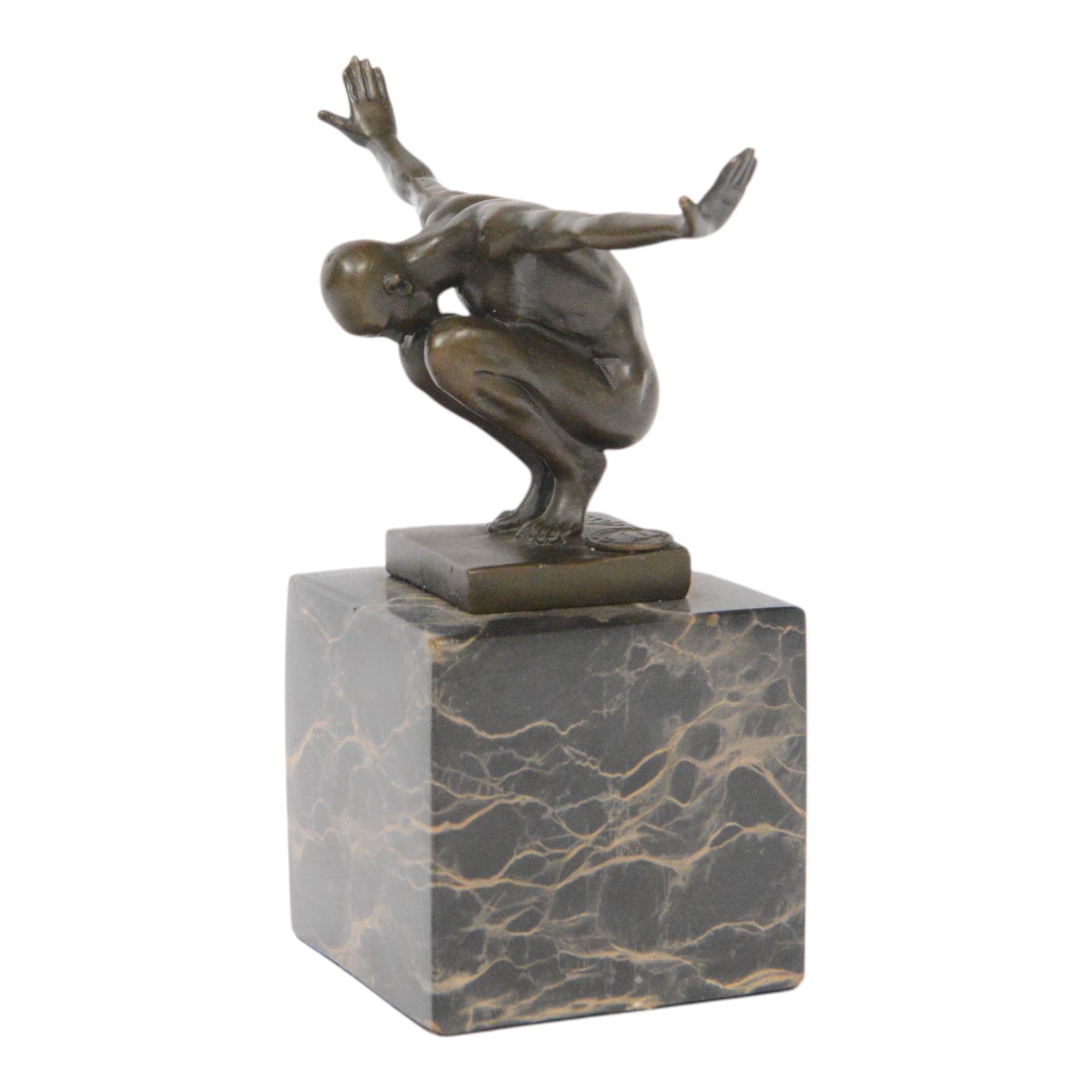 After Miguel Fernando Lopez Power of Silence, modelled as a athlete crouched with arms outstretched, signed Milo, upon a marble plinth, H15cm