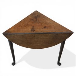 18th century oak folding cricket table, triangular top with three hinged demi-lune leaves, raised on tapering supports with pad feet