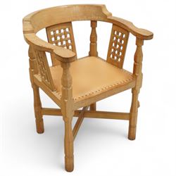 Mouseman - oak monks chair, with curved panelled back and lattice carved splats, studded t...
