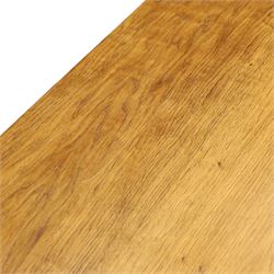 Knightman - oak refectory dining table, the rectangular adzed top raised on shaped trestle supports joined by central stretcher, with recessed carved knight trademark, by Horace Knight of Old Mill Furniture, Balk near Thirsk