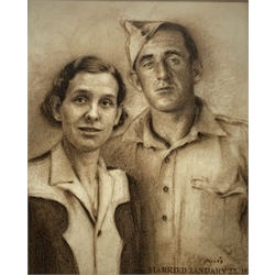 Milos (American mid 20th century): GI Marriage Portrait, pastel signed and inscribed 'Married January 27th 1940', 47cm x 39cm 