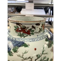 17th century Transitional period Chinese Wucai vase and cover, of baluster form, the body painted with ladies upon a terrace, and figures upon horseback and attendants within a fenced garden, the domed cover with knop finial painted with boys at play, H37cm
