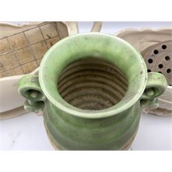 Two Arthur Wood twin handled vases to include one example in the Garden Wall pattern, together with a Beswick Ware merging green, yellow and cream vase, all with marks beneath, tallest H23cm