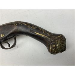 REGISTERED FIREARMS DEALERS ONLY - Reproduction flintlock pistol, the full walnut stock with brass filigree inlay and mounts and skull crusher butt L46cm; no visible proof marks - Disposed 25.06.25 - Notified 24.07.25