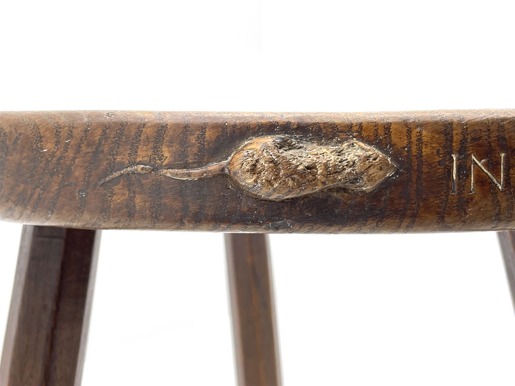 'Mouseman' early 1960s oak stool, dished kidney shaped seat inscribed on edge 