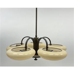 An Art Deco style five branch ceiling light fitting with cream glass shades, upon a bronzed fitting, H73cm. 