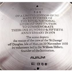 Modern limited edition silver bowl to commemorate the 150th anniversary of The Royal National Lifeboat Institution, the circular bowl with stylised wave decoration, with gilt cast and chased decoration to centre depicting the rescue of the crew of the St George in 1830, hallmarked Aurum, London 1974, number 385/750, in original fitted case with paperwork