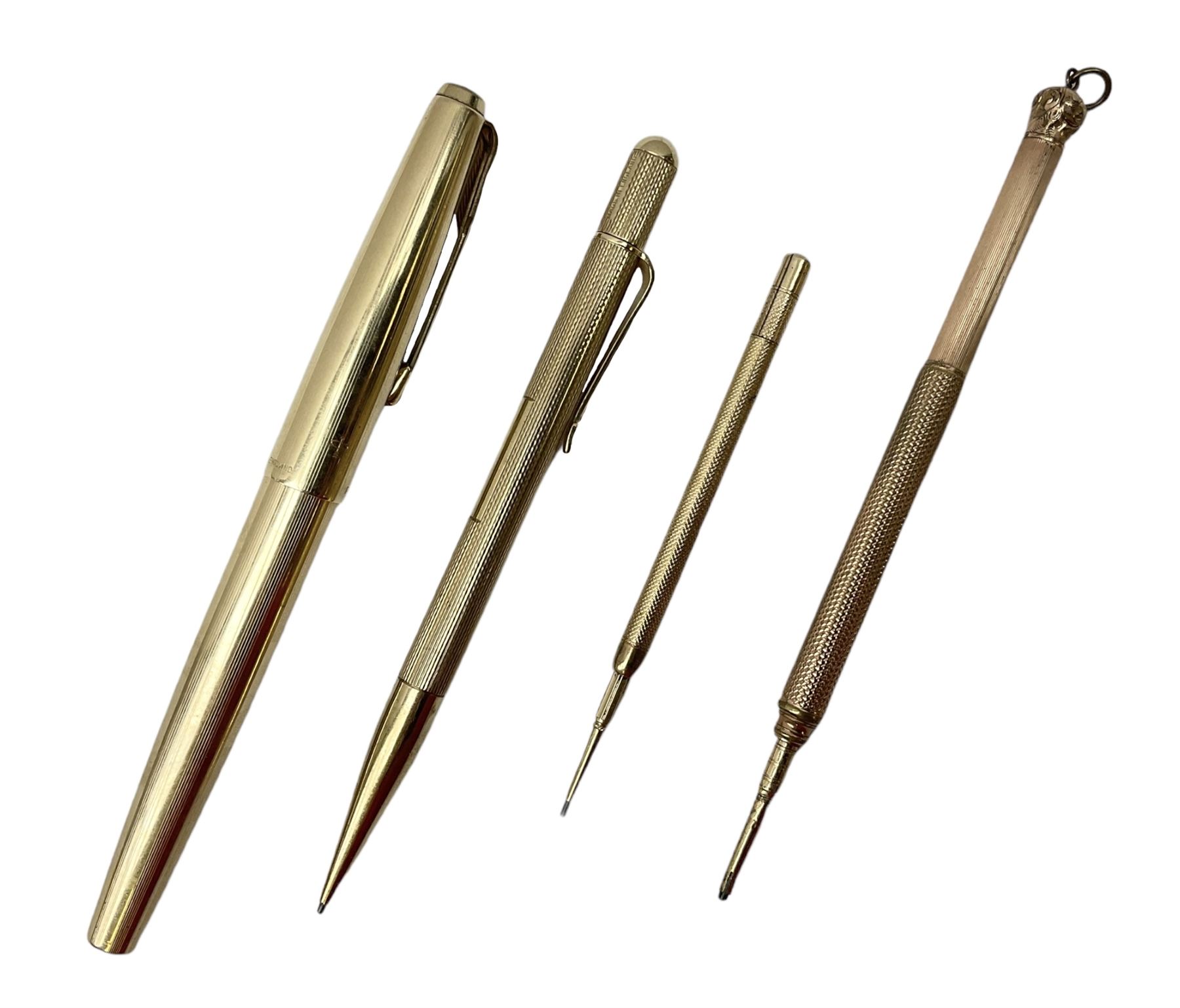 9ct gold propelling pencil with engine turned decoration and vacant cartouche, by S J Rose & Son, stamped 375, L12cm, together with a Parker 12ct rolled gold fountain pen, and two rose gold engine turned propelling pencils to include a rose gold example