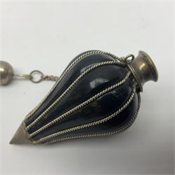 Chinese ceramic bowl, painted with floral and foliate decoration on a white ground, together with a similar much smaller Chinese bowl, painted with mountain scene to centre and covered by basket weave to exterior and a white metal mounted pear shaped scent bottle, largest bowl D11cm