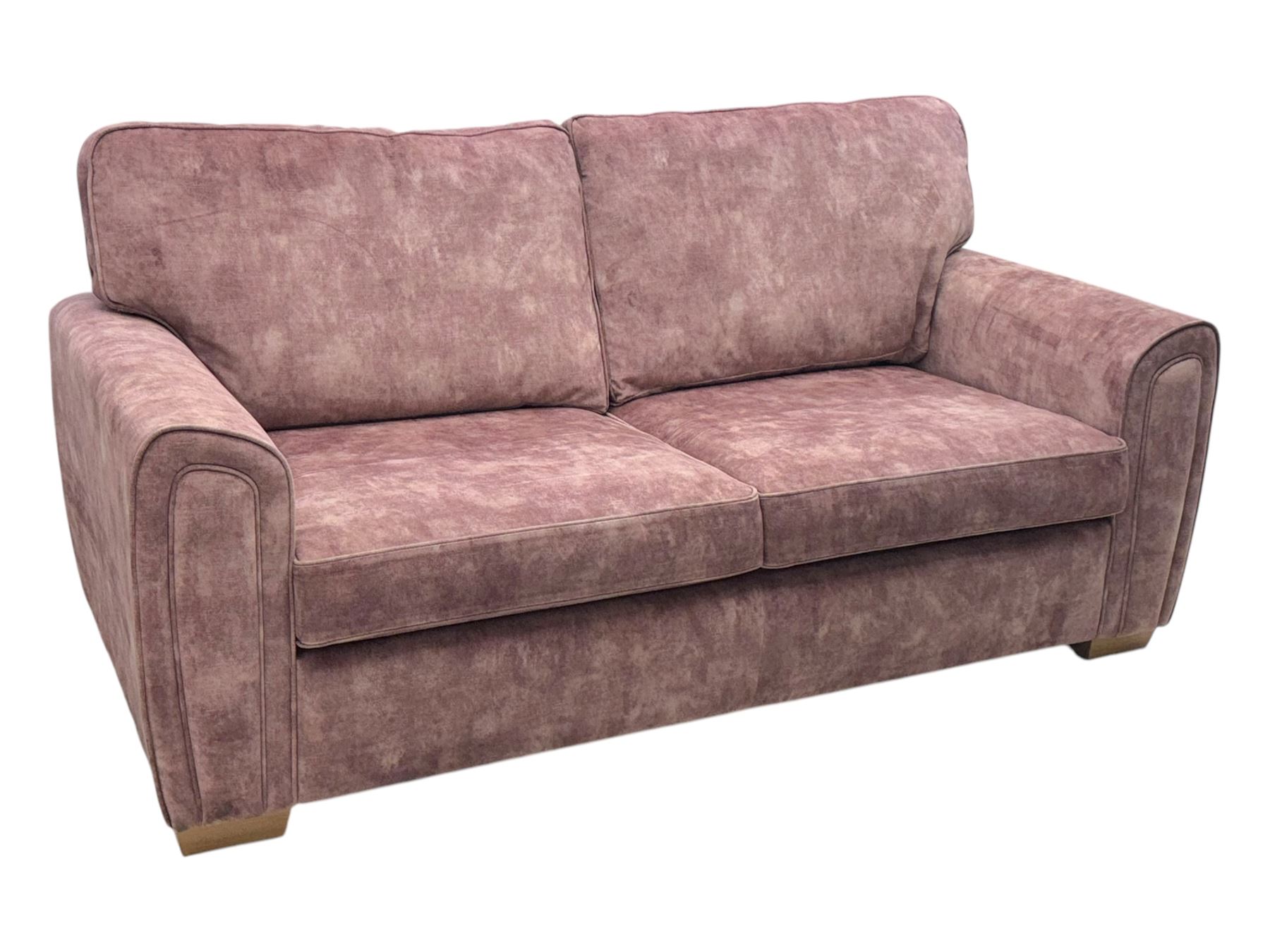 Contemporary Alstons ‘Memphis’ sofa bed, upholstered in ‘Dusk Velvet’ polyester blend, featuring broad arms, two seat cushions, and a concealed fold-out metal action bed with mattress