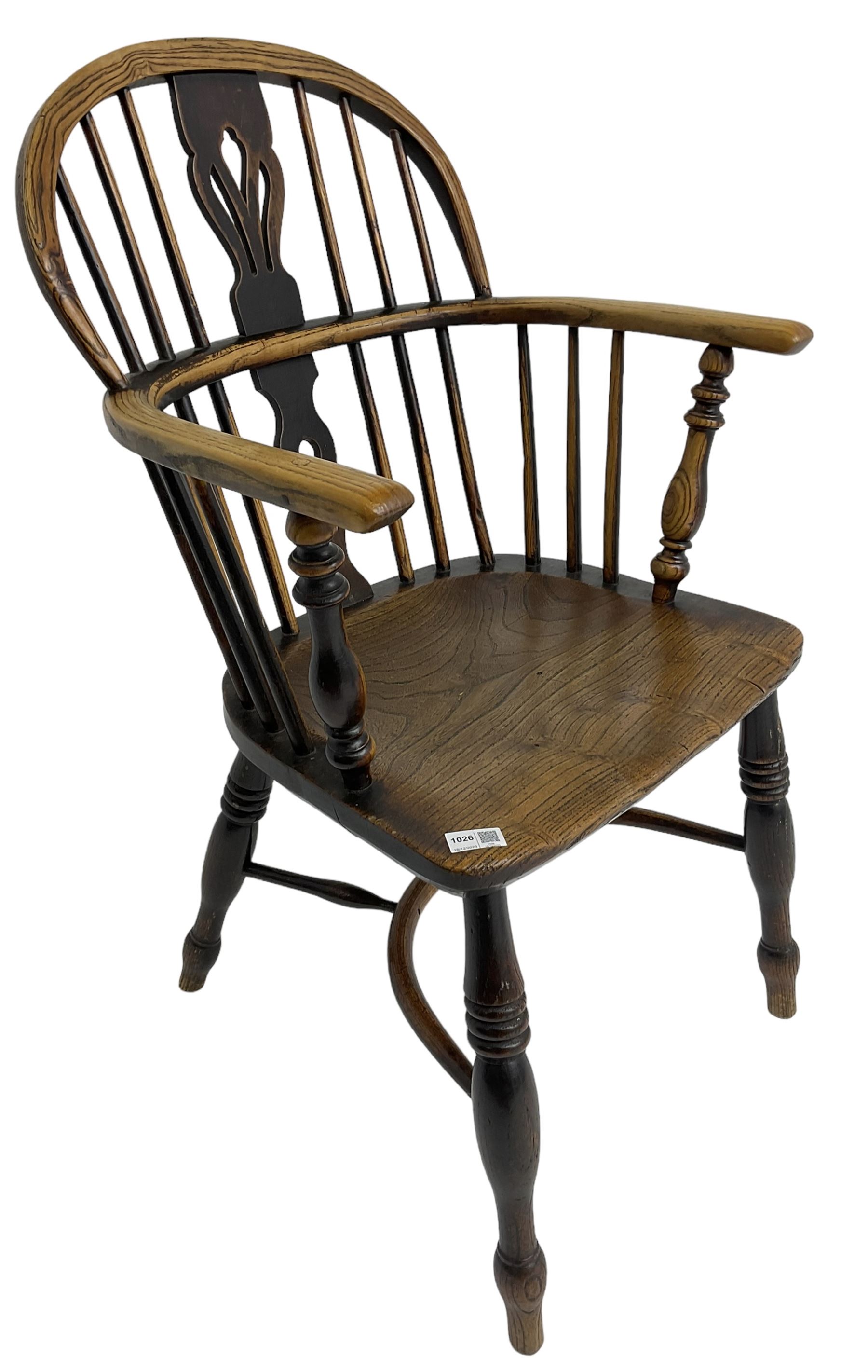 19th century elm and ash Windsor armchair, low double hoop and stick back with shaped and pierced splat, on turned supports united by crinoline stretcher