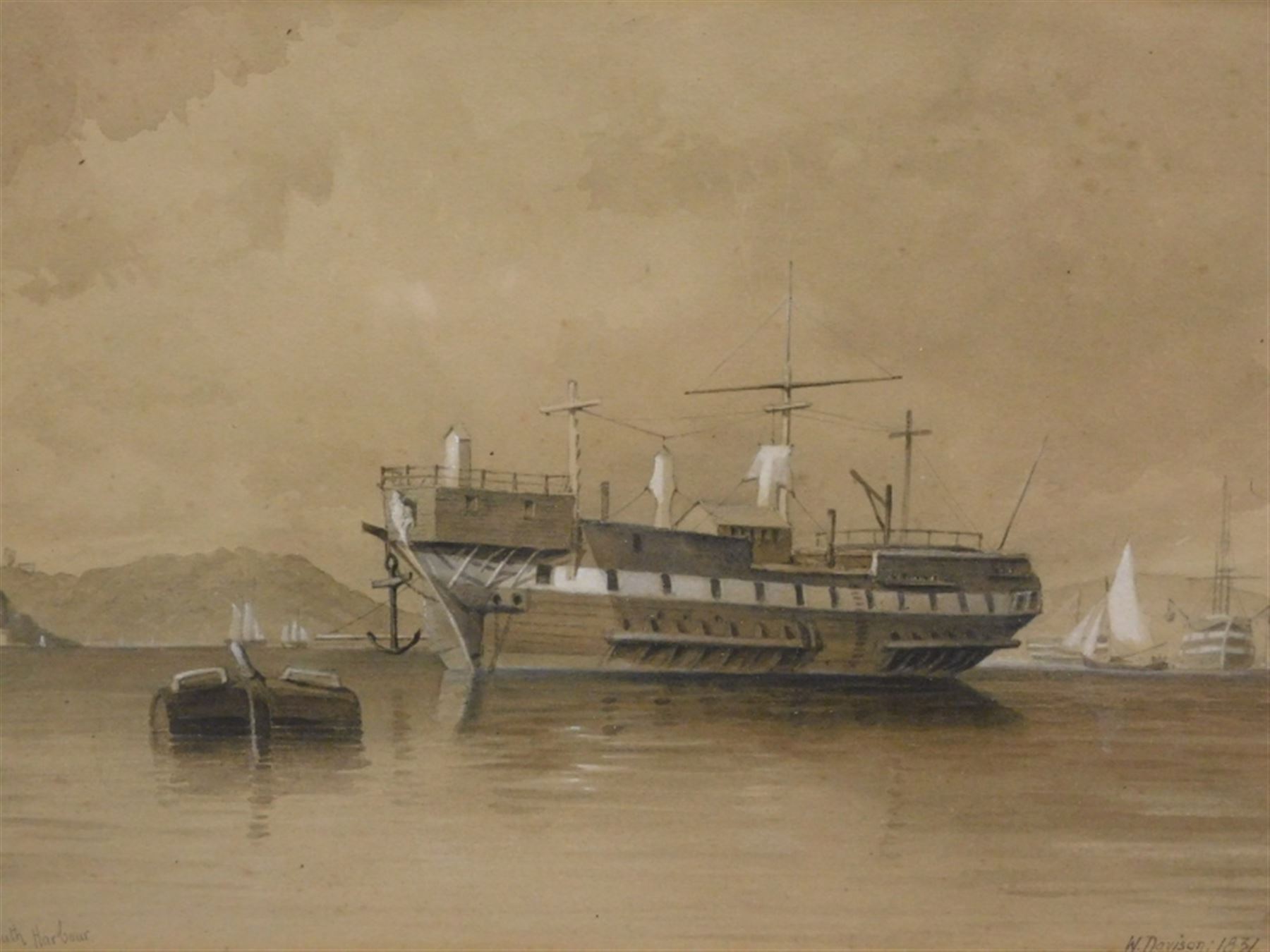 William Davison (British c.1808-1870): ‘Hulk in Plymouth Harbour’, sepia watercolour signed titled and dated 1831, 23cm x 36cm