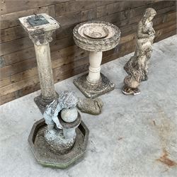 Cast stone circular bird bath, cast stone sun dial, garden figure, ducks, composite water feature