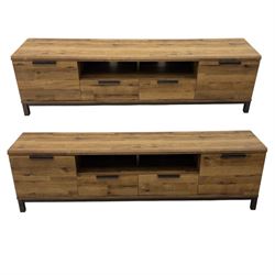 Pair of contemporary media sideboards, oak effect construction with inset handles, compris...