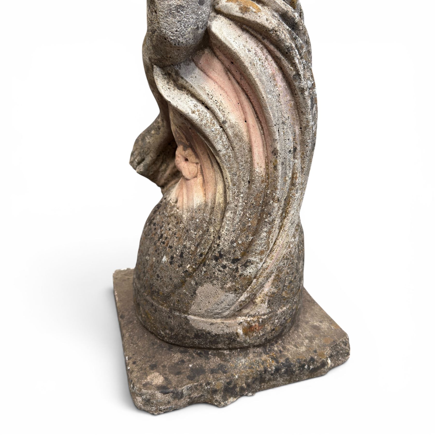 Two composition stone garden figures, comprising a seated boy figure and a standing classical draped female figure, each on square base, weathered painted finish.