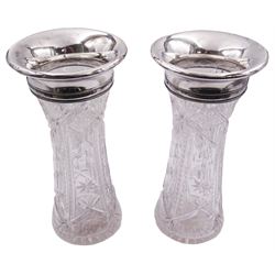 Pair of early 20th century silver mounted cut glass vases, of waisted cylindrical form, the silver collars with beaded detail and engraved initials, hallmarked Gorham Manufacturing Co, Birmingham 1910, H29cm