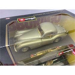 Bburago - five 1:24 scale die-cast models comprising Bugatti Type 55 (1932); Bugatti Atlantic (1936); Mercedes-Benz SSK (1928); Jaguar XK120 Coupe (1948); and Ford AC Cobra 427 (1965); and three other die-cast models; all boxed (8)