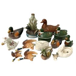 Five lidded duck tureens of various sizes to include majolica examples and a quantity of duck ceramic figures etc 