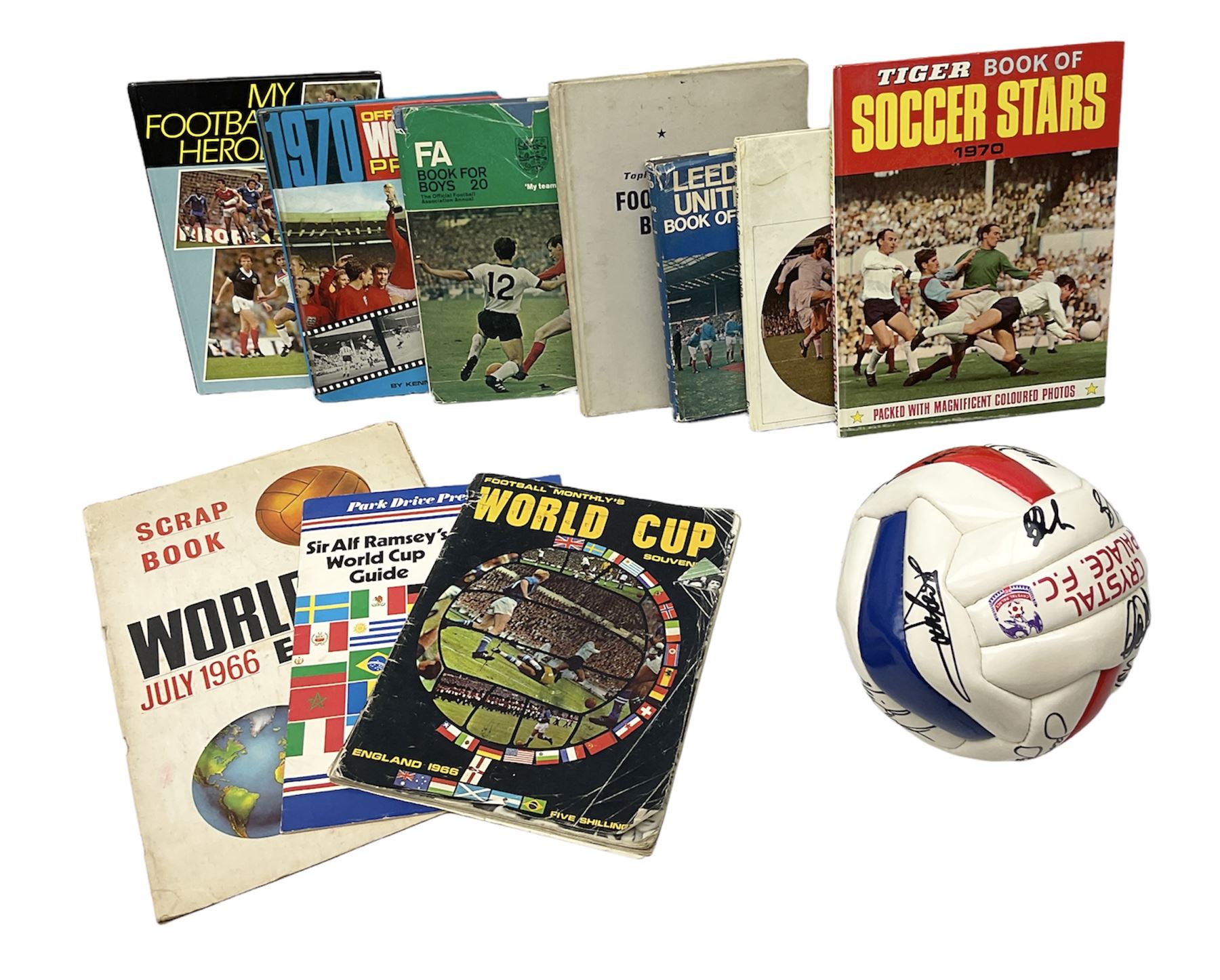 Crystal Palace signed leather football, late 1990s, including Steve Coppell, Simon Rodger, Tony Folan, Gareth Graham, Jamie Smith etc; and quantity of football books including 1966 World Cup booklets etc