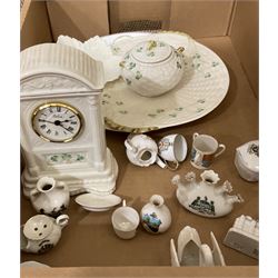 Belleek mantle clock, together with two other pieces of Belleek and a small group of assorted Crested ware, in one box 