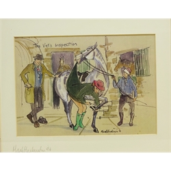  After Mark Huskinson (British 1935-2018): 'The Vet's Inspection', 'I Treat Him Like a Young Horse', 'To Touch Those Celestial Tones' and 'Full Fruity Just Right..', four humorous colour prints, each signed in the mount, three dated '94, max 30cm x 25cm including mount (4)  