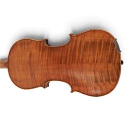 20th century French violin, with two piece back, ebonised fretboard and tuners, L60cm, with fitted hard case