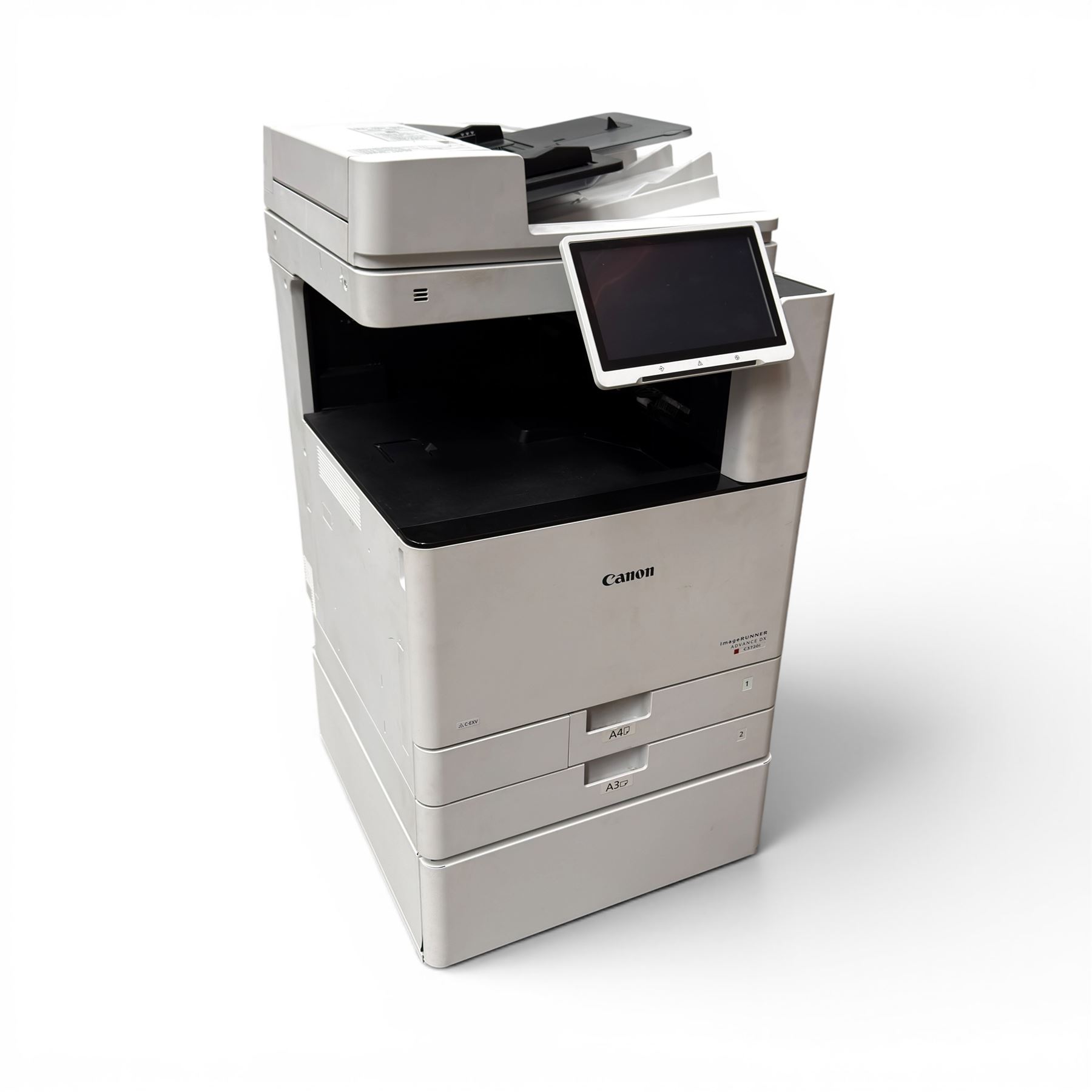 Canon Image Runner Advance DX C3720i multifunction laser printer, floor standing with two trays, A3 and A4, copier and scanner with auto feed and manual, base storage cupboard, with spare toner
