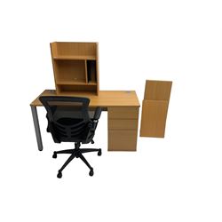 Computer desk fitted with three drawers (60cm x 140cm x 74cm), stationery cabinet and swivel office armchair 
