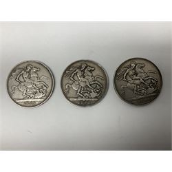 Three Queen Victoria silver crown coins dated 1889, 1892 and 1894