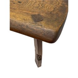 'Gnomeman' oak side table, adzed rectangular top on arched supports, carved with gnome signature, by Thomas Whittaker of Littlebeck