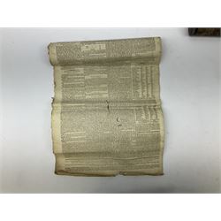 After John Speed early 17th century map of Yorkshire dated 1610; atlas text verso and later hand colouring 40 x 52cm (folded); and 1791 edition of Hull Packet and Yorkshire and Lincolnshire Advertiser newspaper dated 29th March (folded and rolled single sheet); in toleware tube (2)
