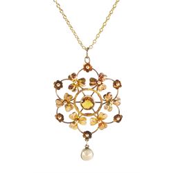 Early 20th century 9ct gold citrine and pearl three leaf clover pendant, on 15ct gold trace link chain necklace