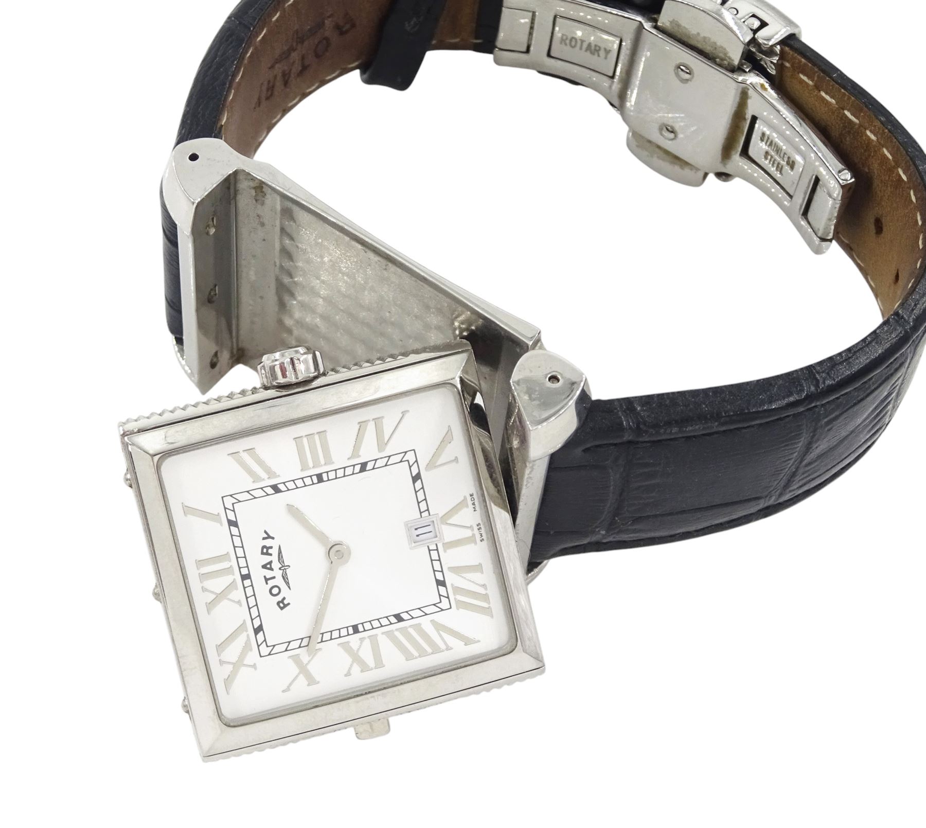 Rotary Revelation reversible night and day gentleman's stainless steel quartz wristwatch, silvered dial with Roman numerals, reversing to a second black dial with baton hour markers, both with subsidiary seconds dials, on original black leather strap, with fold-over clasp, boxed with guarantee dated 2008